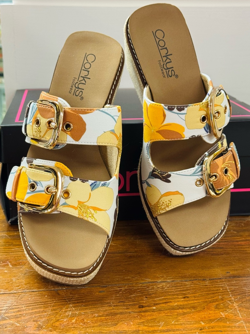 Corkys Yellow Floral Double Buckle Slide Sandals
